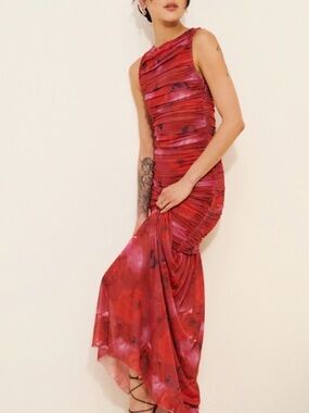 Elliatt Elise Ruched Mesh Maxi Dress Red Multi NWT